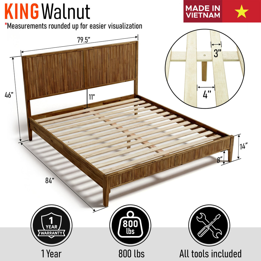 Walnut solid wood bed frame with vertical slat headboard, slatted support base