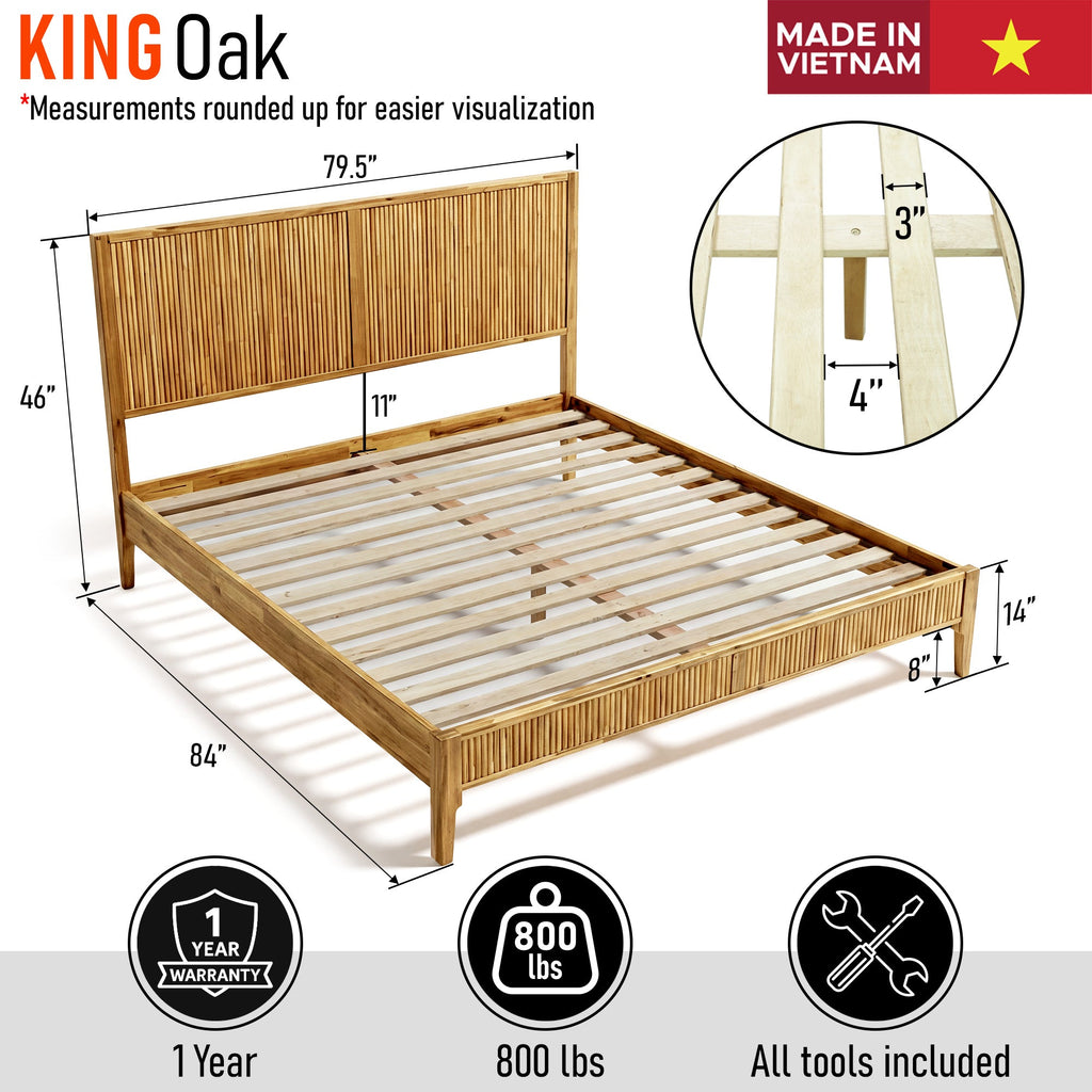 King solid wood bed frame diagram with slatted platform and vertical headboard