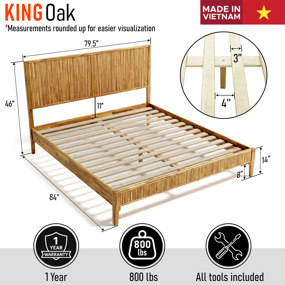 King solid wood bed frame diagram with slatted platform and vertical headboard