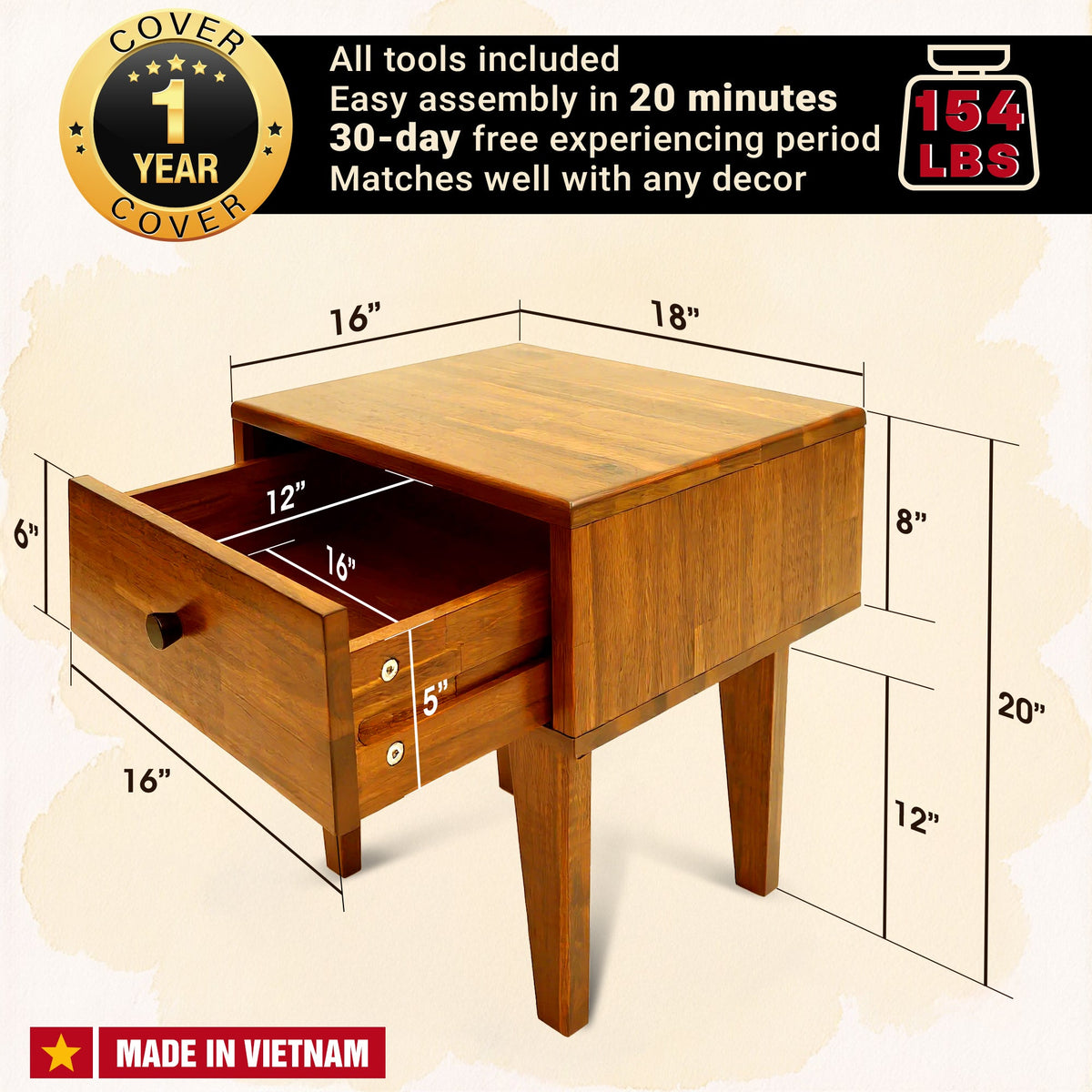 Nightstand dimensions diagram with open drawer and labeled measurements
