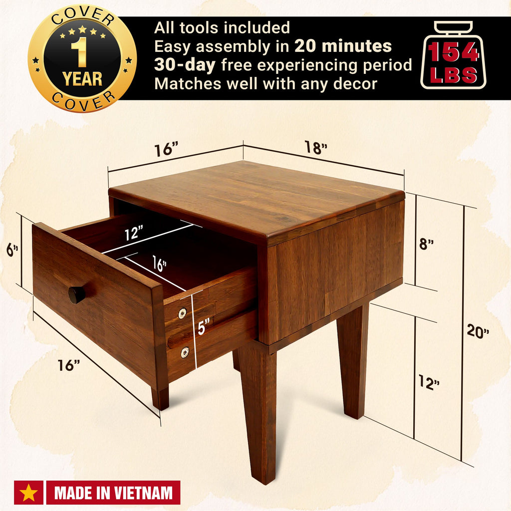 Wood nightstand open drawer with storage compartment; size diagram and dimensions