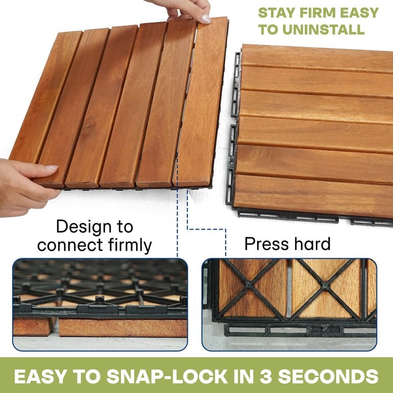 Wood deck tiles panel, 6 slats with snap-lock clips; shown being lifted