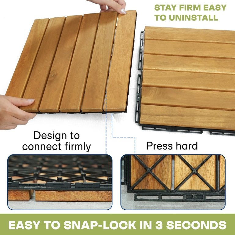 Interlocking tan wood deck tiles with slats, hands holding a connected tile panel