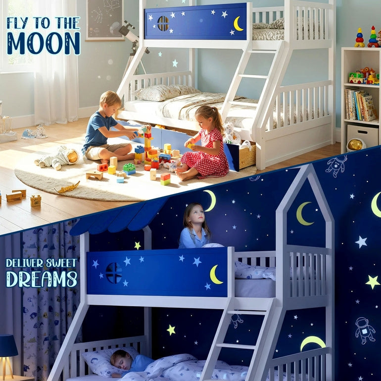 White bunk bed with navy star-and-moon side panels and fabric roof