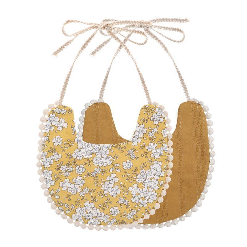 Baby bib set with tassel ties, double-sided mustard with white floral print and solid brown reverse