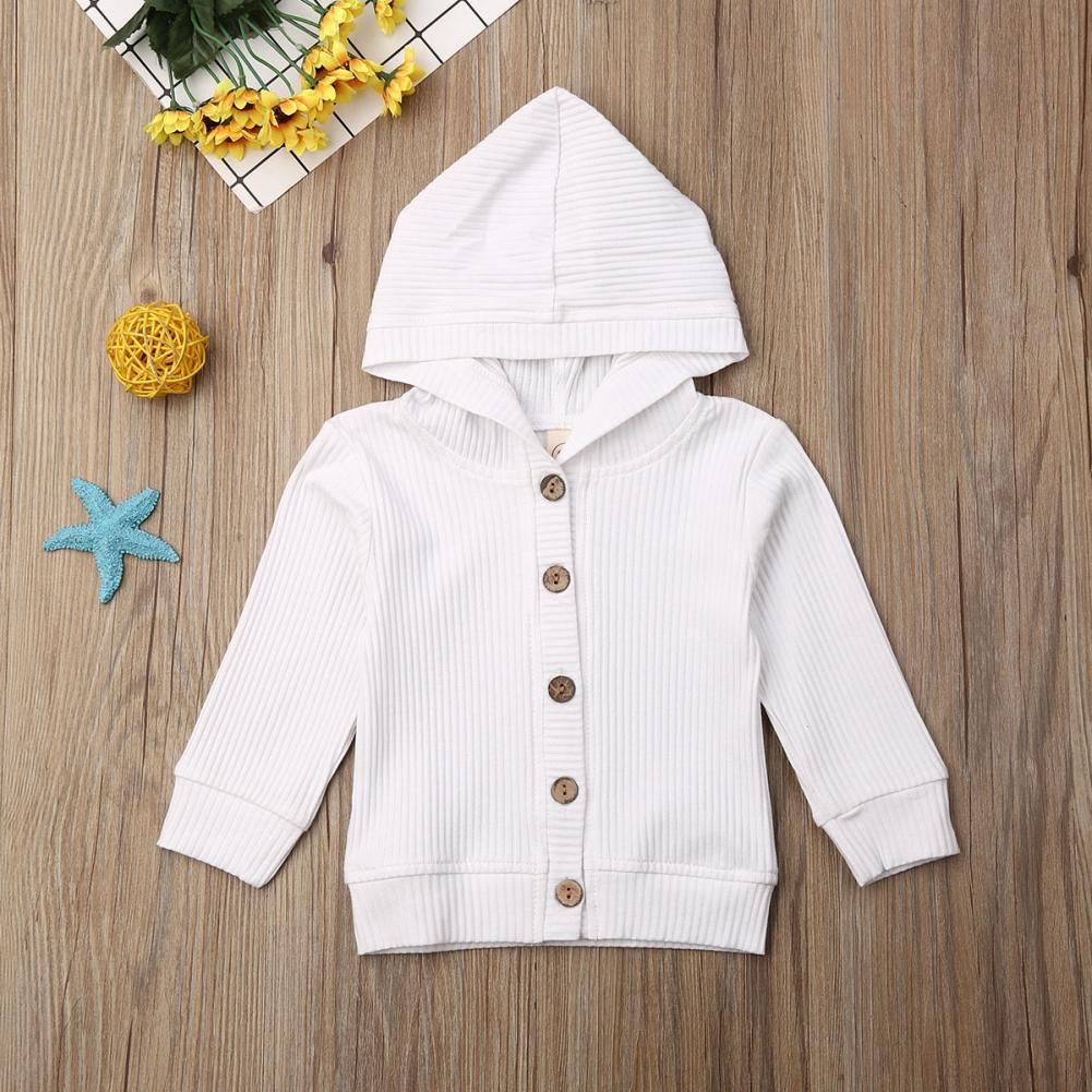 Infant white hooded knit jacket with long sleeves and front button closure
