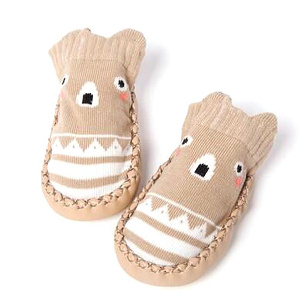 Beige bear socks shoes with geometric stripe pattern and stitched sole