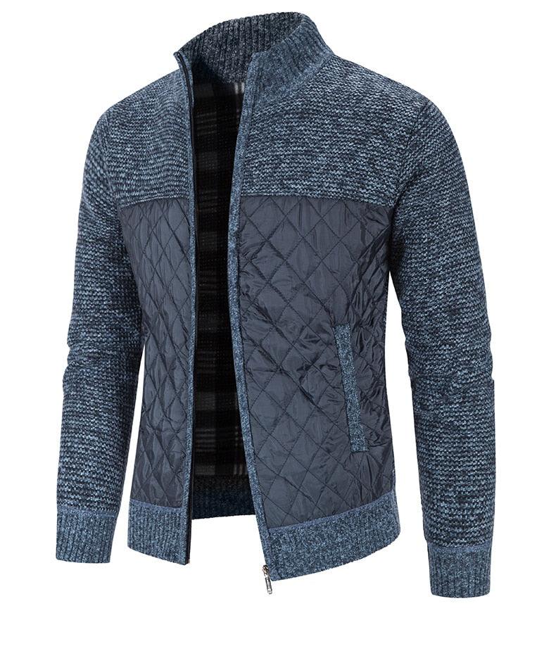 Men's zip-up quilted fleece jacket in dark heather blue, ribbed cuffs and hem