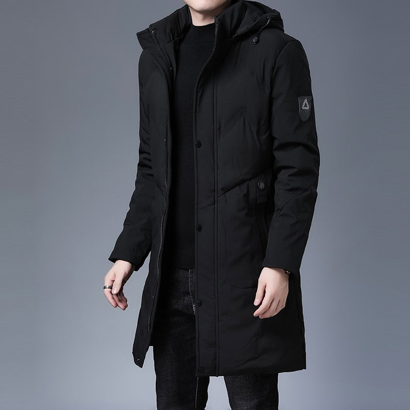 Men's longline parka windbreaker, black, hooded coat with button closure