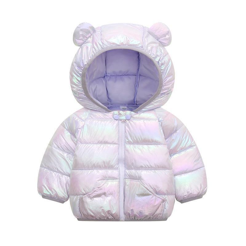 Iridescent pink toddler puffer hooded coat with bear ears and front zipper
