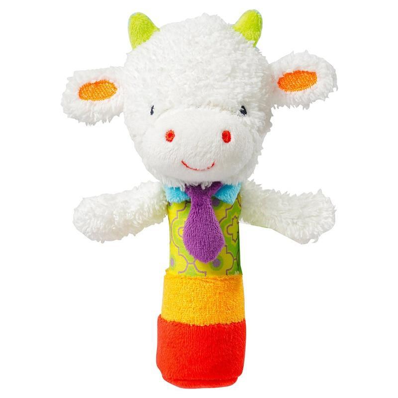 Plush cow rattle bell toy with multi-color ribbon and striped head