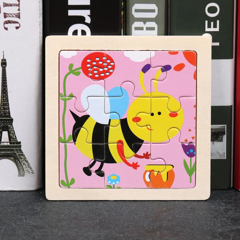 Wooden cartoon bee jigsaw puzzle with interlocking pieces in a square wooden frame