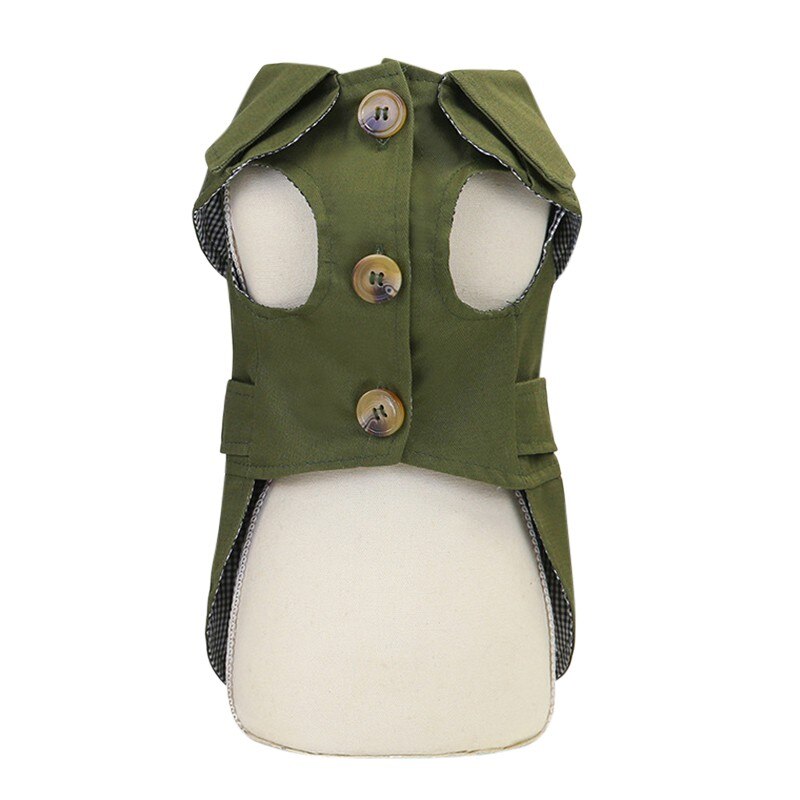 Pet jacket coat in olive green with snap buttons and raised shoulder pockets