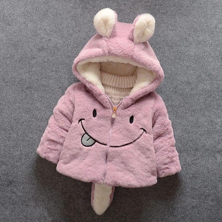 Pink rabbit-face hooded plush jacket with cream lining and gold zipper