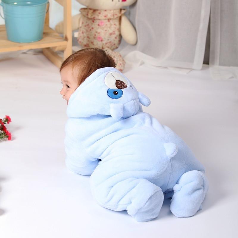 Baby bear costume hooded romper in light blue plush, shown from the back
