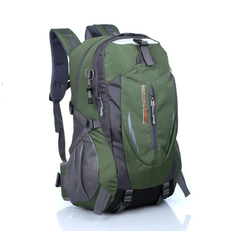 Water-resistant hiking backpack in green and gray with front zip pocket and padded shoulder straps