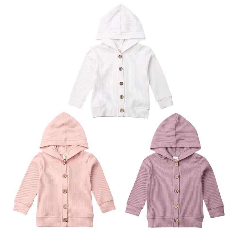 Infant hooded knit jackets in white, pink, and purple, each with button front and long sleeves