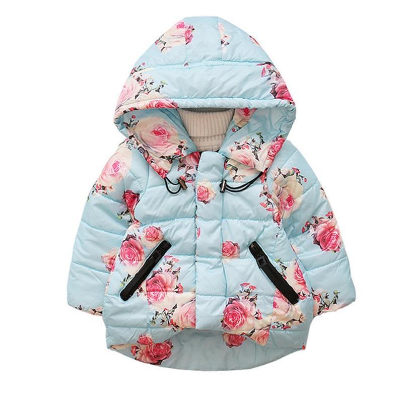 Light blue hooded padded baby jacket with rose floral print, zipper and embroidered trim