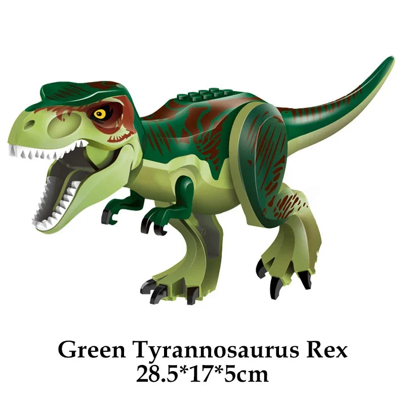 Green Tyrannosaurus Rex brick dinosaur figure, roaring side view with big teeth