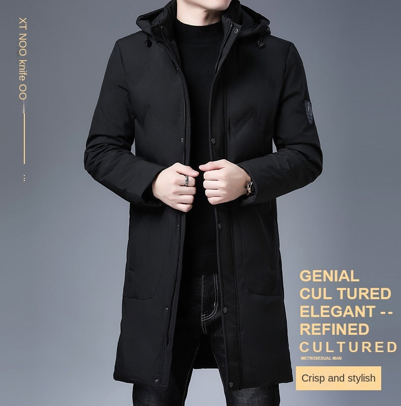 Men's longline parka windbreaker, black, hooded coat with long button front