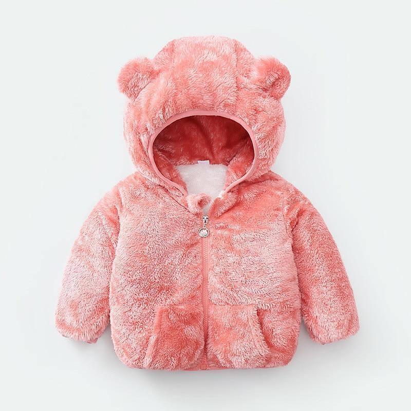 Bubblegum pink plush hooded coat with bear-ear hood, front zipper, soft winter jacket