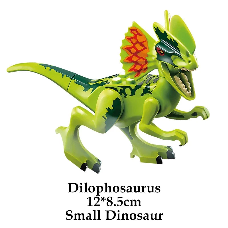 Bright green Dilophosaurus dinosaur building block figure with orange chest frill