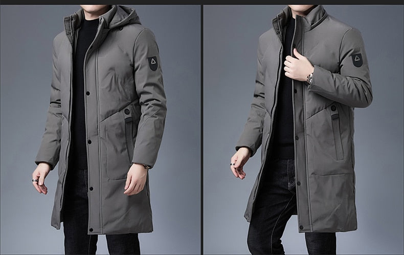 Men's longline parka windbreaker, khaki, hooded with button placket and chest zip