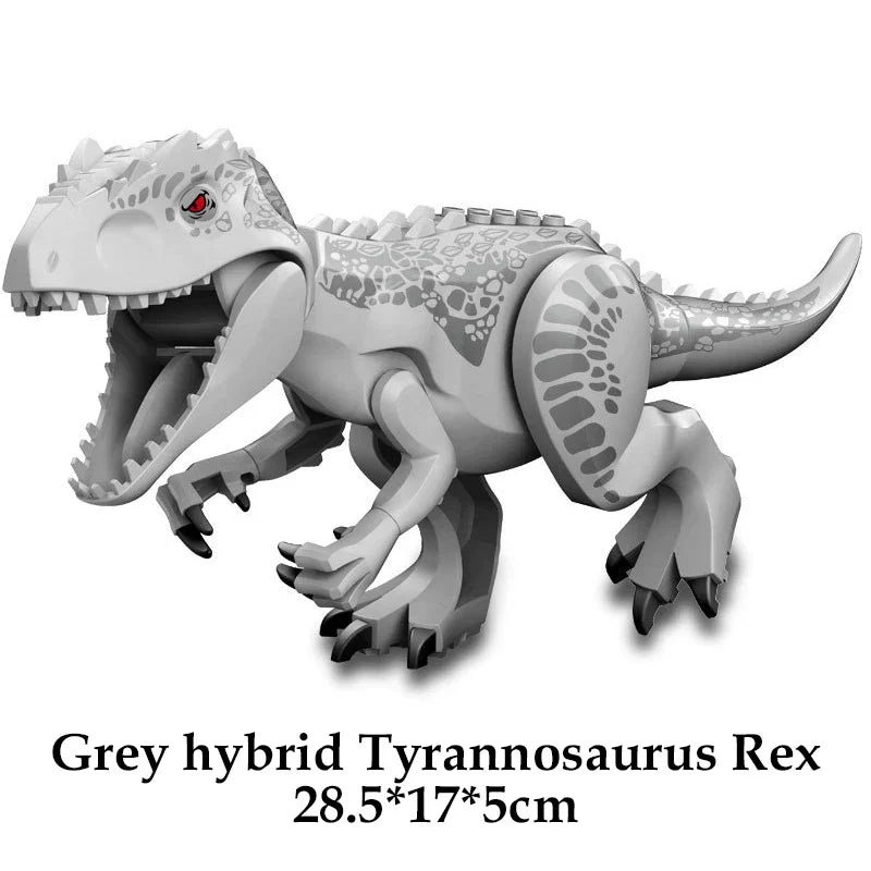 Grey hybrid Tyrannosaurus Rex building block dinosaur figure, walking side view