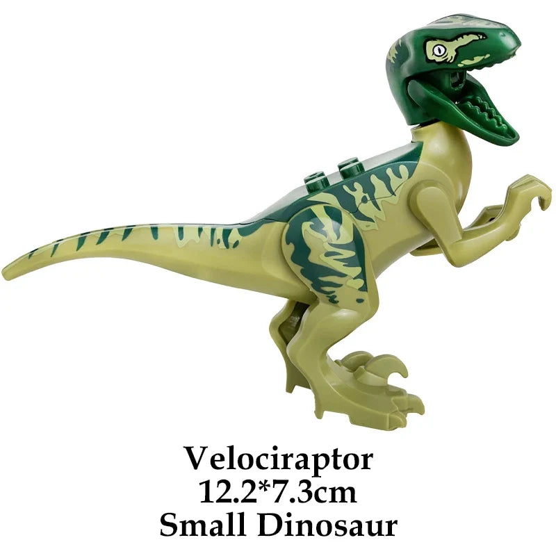 Green velociraptor dinosaur building block figure with patterned body and bent tail