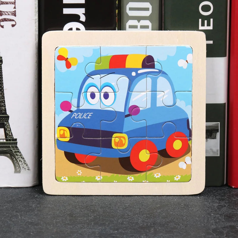 Wooden 3D tangram puzzle with cartoon blue police car and interlocking pieces