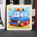 Wooden 3D tangram puzzle with cartoon blue police car and interlocking pieces