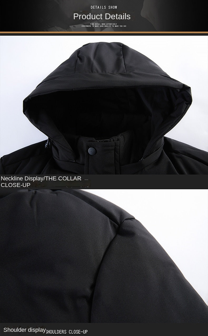 Men's black longline parka hood detail with inner collar and snap button placket