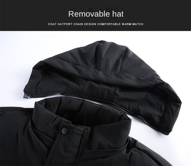 Men's parka windbreaker with removable hood, black, close-up of collar area