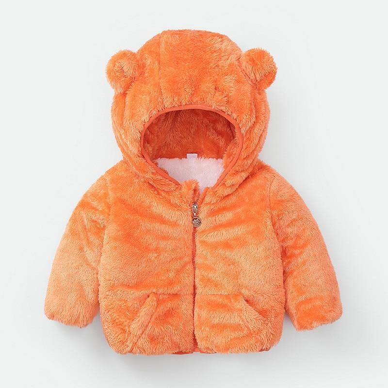 Orange plush hooded coat with bear-ear hood, front zipper, warm toddler outerwear