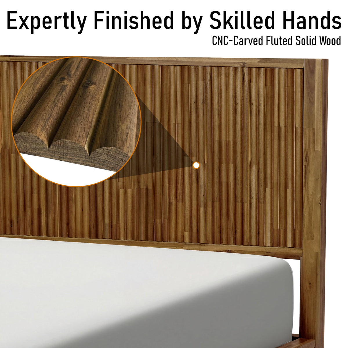 Close-up of fluted solid wood headboard panel with vertical carved slats