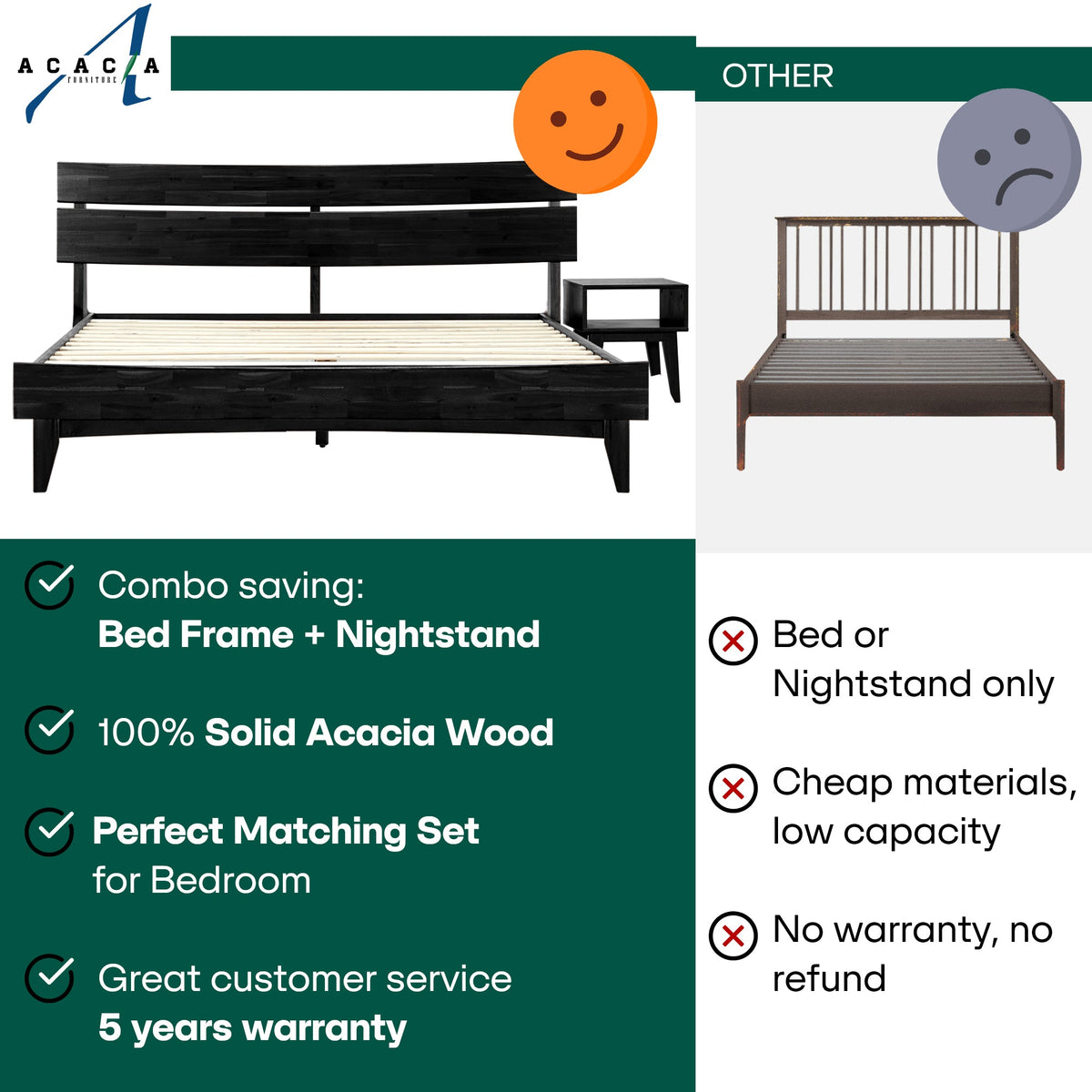 Bed frame with matching nightstand combo shown in a comparison layout