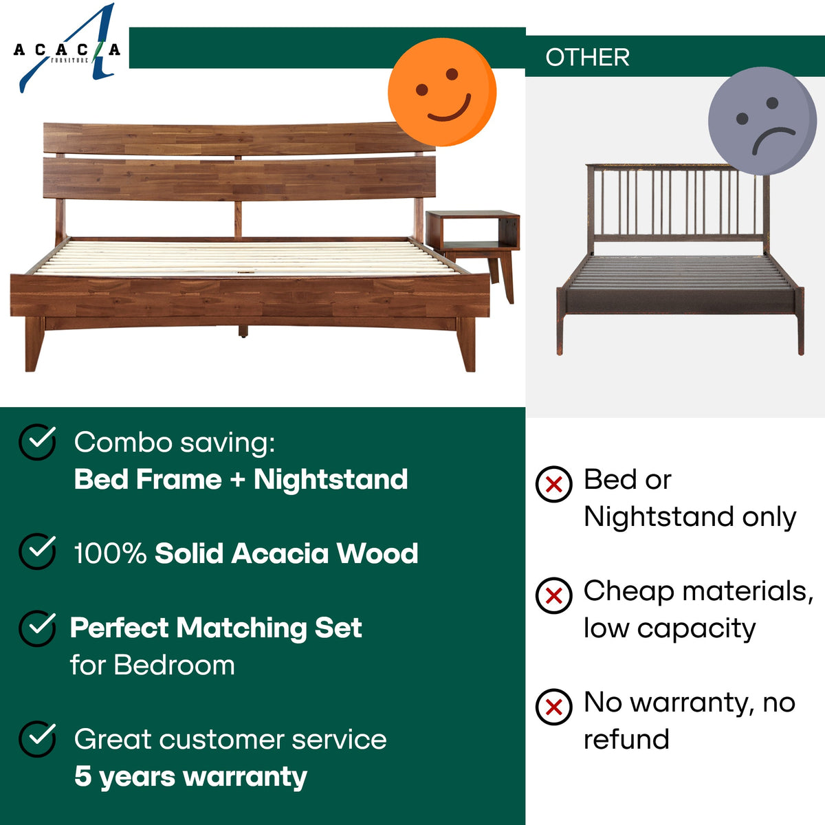 Solid wood bed frame with matching nightstand, front view and slatted support