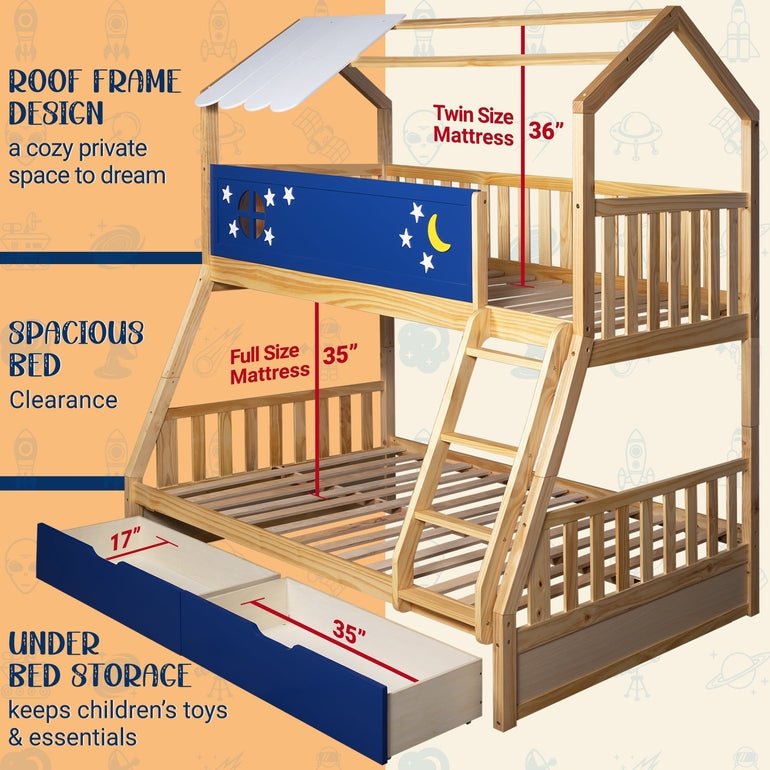 Twin-over-twin kids bunk bed frame in natural wood with navy side panel