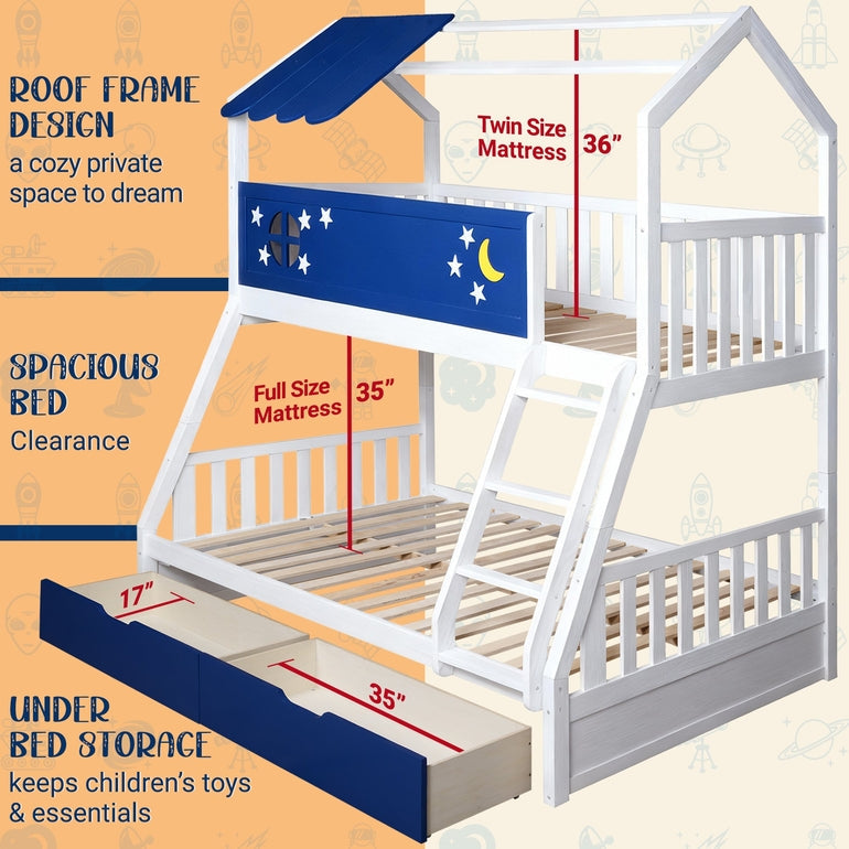 White bunk bed with navy canopy, ladder, and star-and-moon bed rail panels