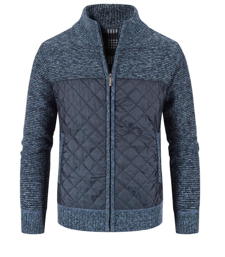 Men's zip-up quilted fleece jacket in dark heather blue with stand collar