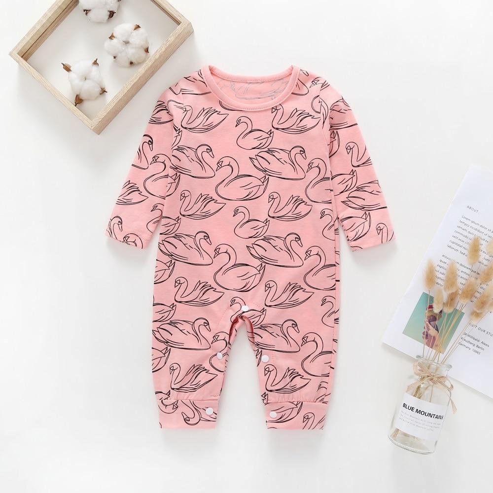 Newborn pink flamingo print long-sleeve romper with buttoned legs