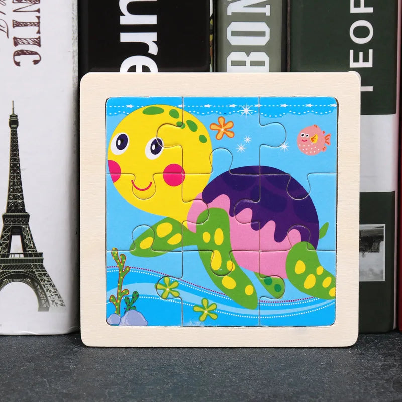 Kids wooden tangram jigsaw puzzle with cartoon sea turtle in wooden frame