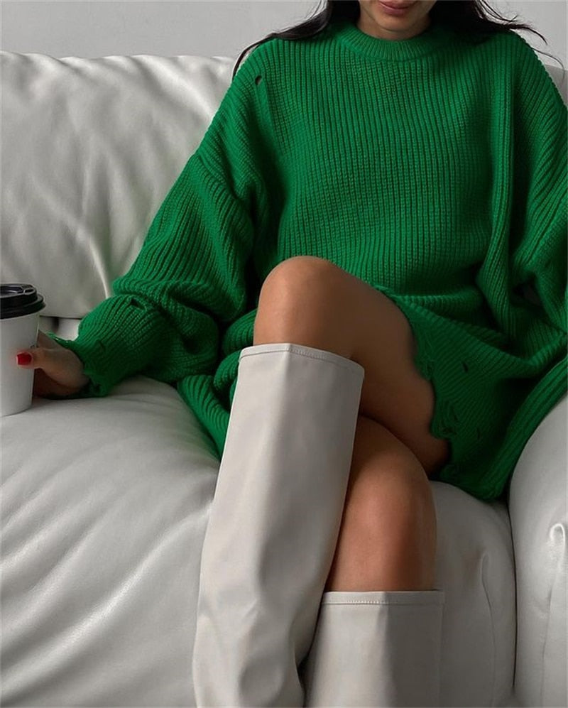 Green long-sleeve knit sweater dress with round neckline, oversized fit, frayed hem