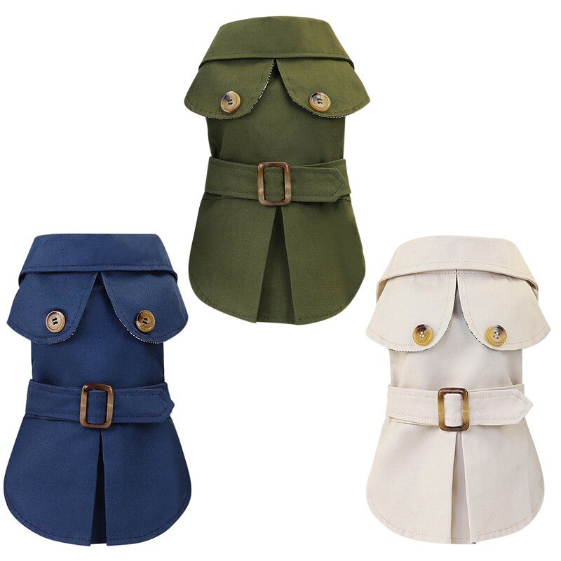 Pet jacket coat set in dark green, blue, and beige, with hood and buckle belt