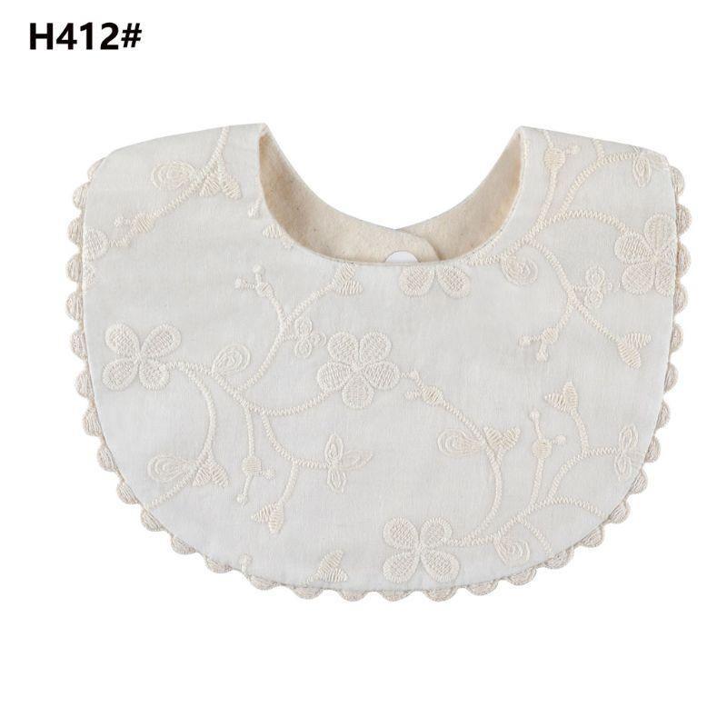 Infant double-sided bib, light gray embroidered floral fabric with scalloped edges