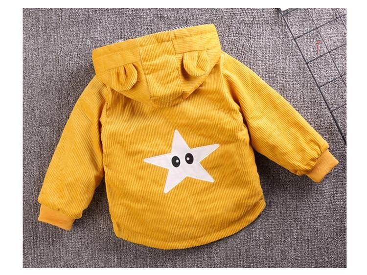 Infant yellow hooded jacket with star applique and bear-ear hood