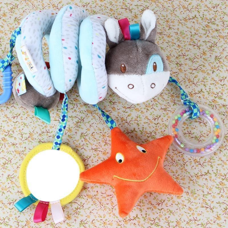 Baby play mat hanging toy with plush star, fox, and gray bear face detail