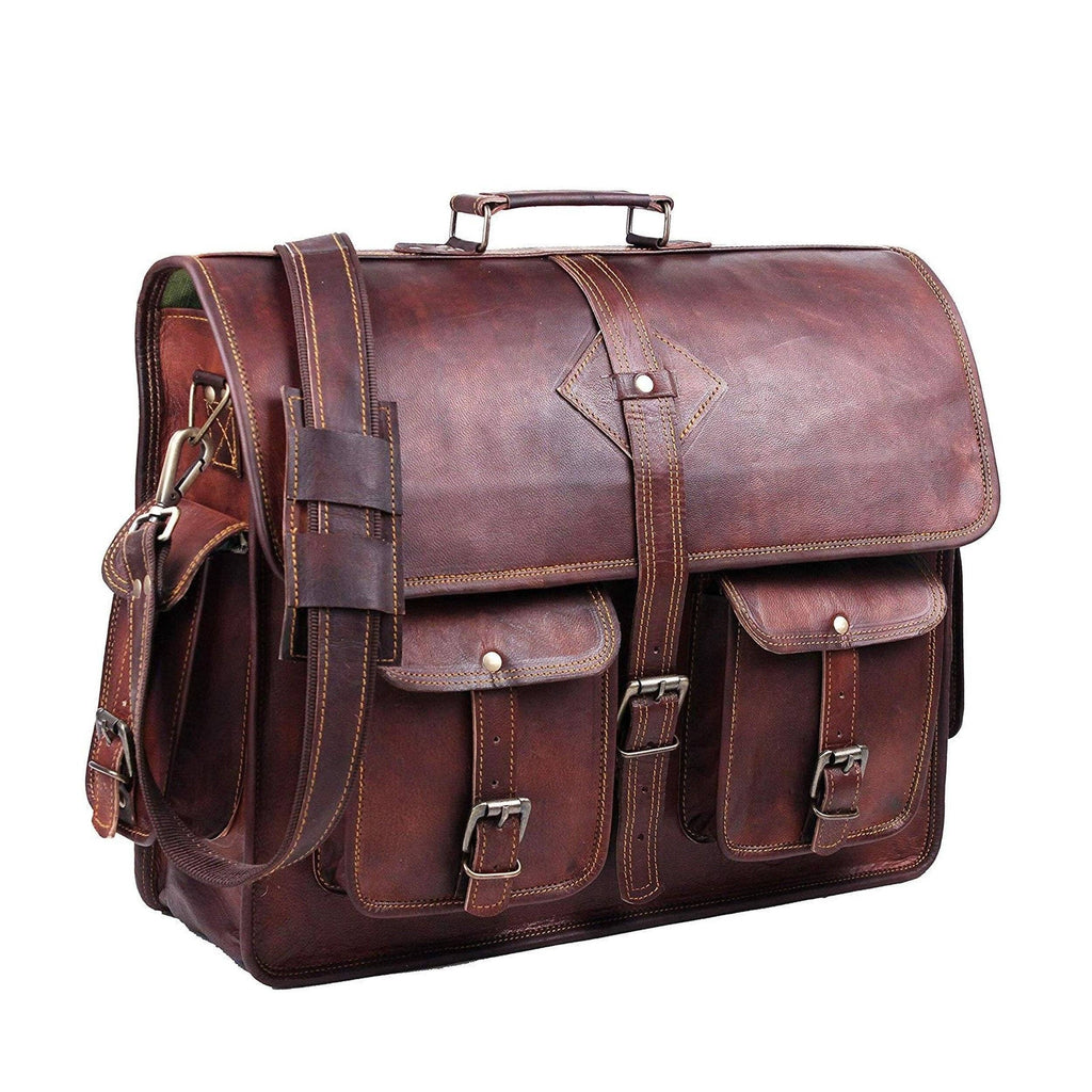 Brown leather briefcase with flap front, side straps, and top carry handle