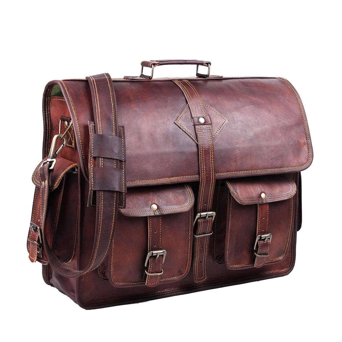 Brown leather briefcase with flap front, side straps, and top carry handle