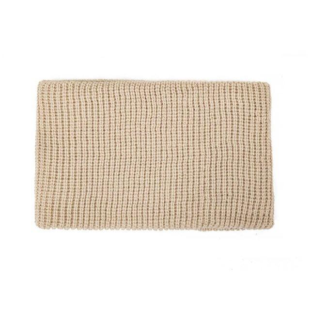 Beige knit snood scarf for kids, ribbed texture in a wide loop shape